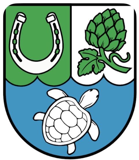 Wappen mit einem Hufeisen, Hopfen und einer Schildkröte auf blauem Hintergrund.