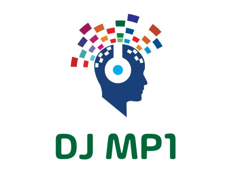Logo eines DJs mit Kopfhörern und bunten Schallplatten über einem Kopf-Silhouette.