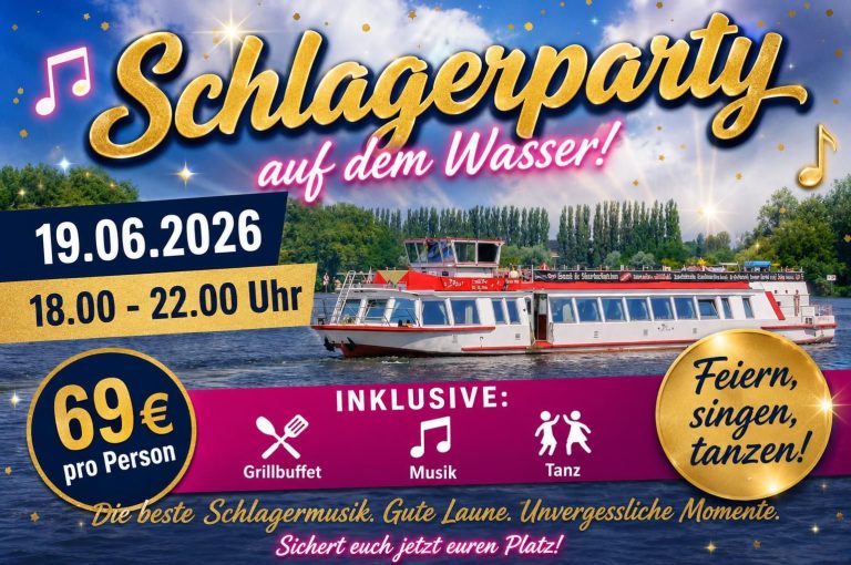 Schlagerparty in Treptow & Berlin - Mitte Schlagerparty auf einem Schiff am 19.06.2026, 18-22 Uhr, Preis 69 €, inkl. Essen und Musik.