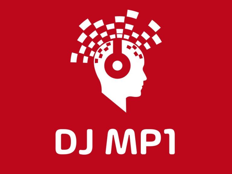 Logo von DJ MP1 mit Kopfhörern und musikalischen Elementen in Rot und Weiß.